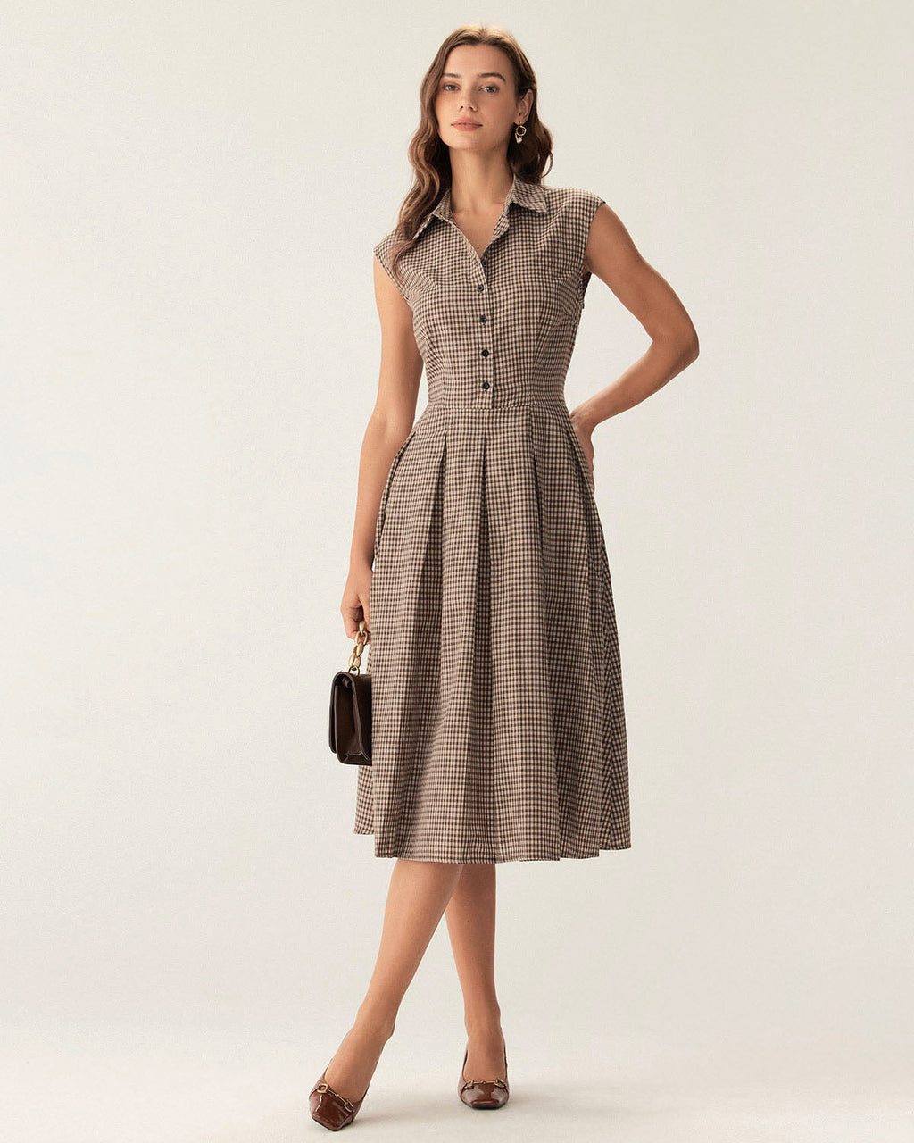 Brown Plaid Midi Dress with Button Details and Pleated Design