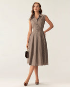 Brown Plaid Midi Dress with Button Details and Pleated Design