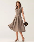 Brown Plaid Midi Dress with Button Details and Pleated Design