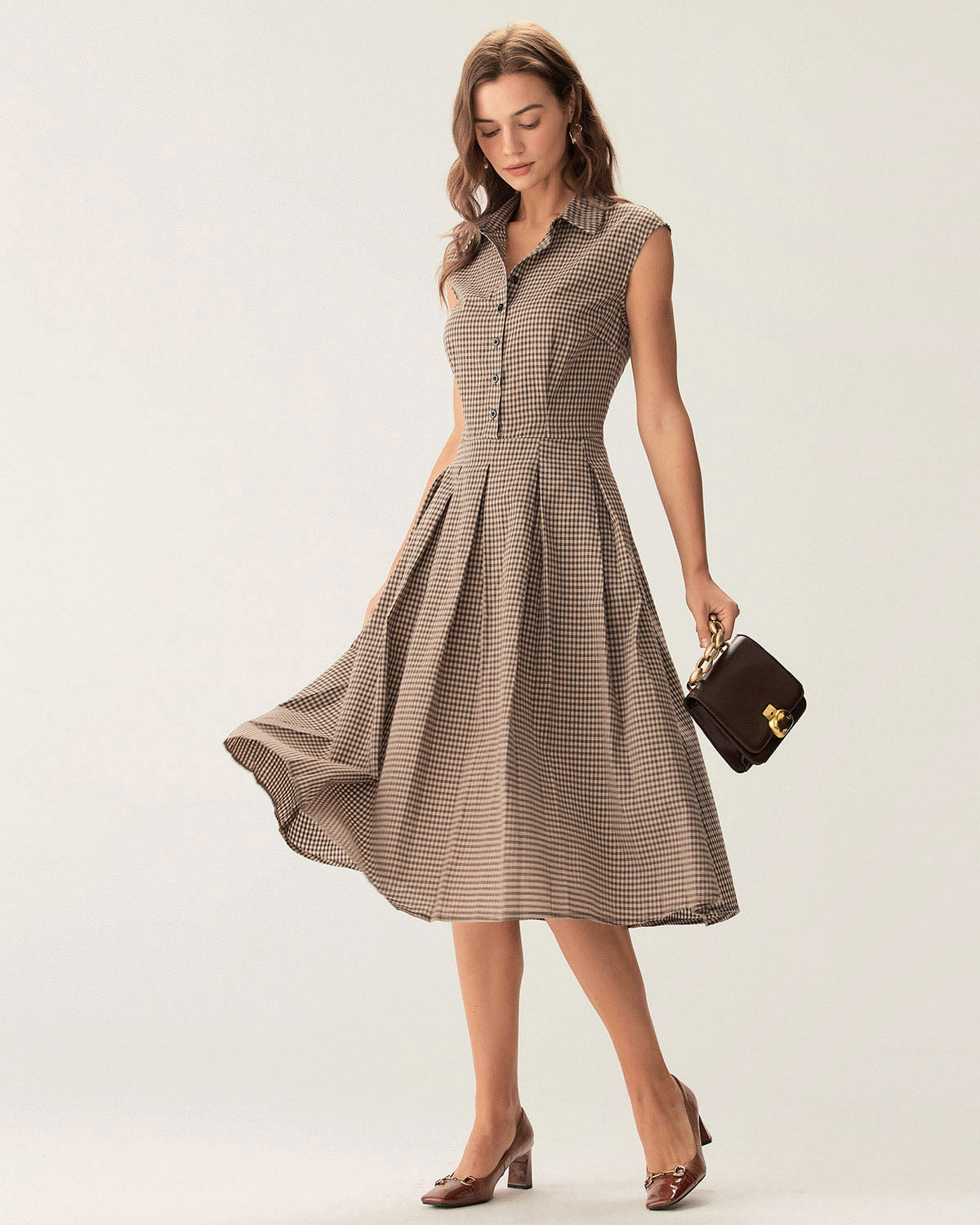 Brown Plaid Midi Dress with Button Details and Pleated Design