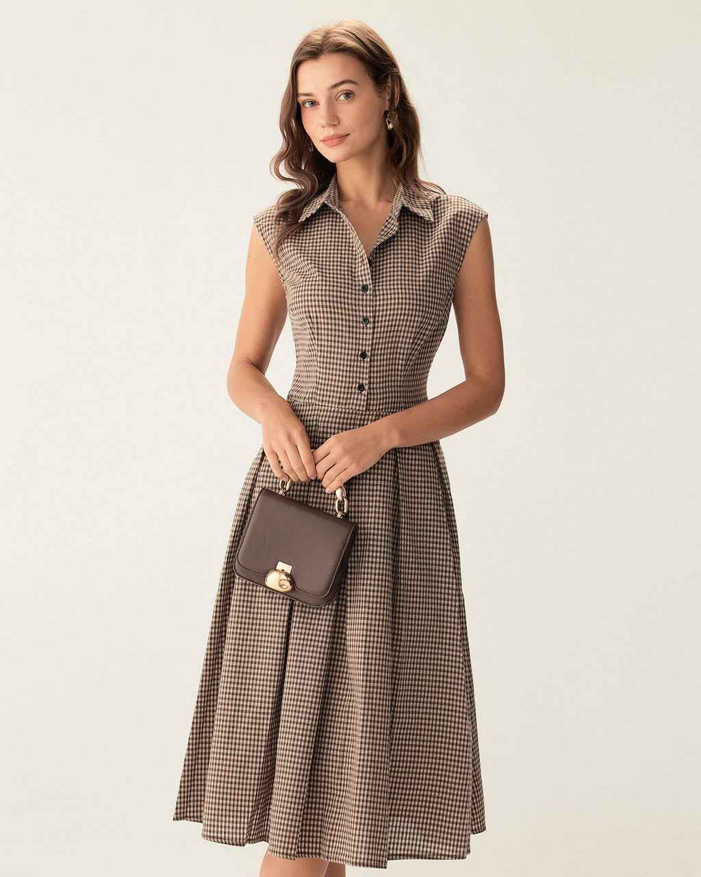 Brown Plaid Midi Dress with Button Details and Pleated Design
