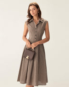 Brown Plaid Midi Dress with Button Details and Pleated Design