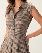 Brown Plaid Midi Dress with Button Details and Pleated Design