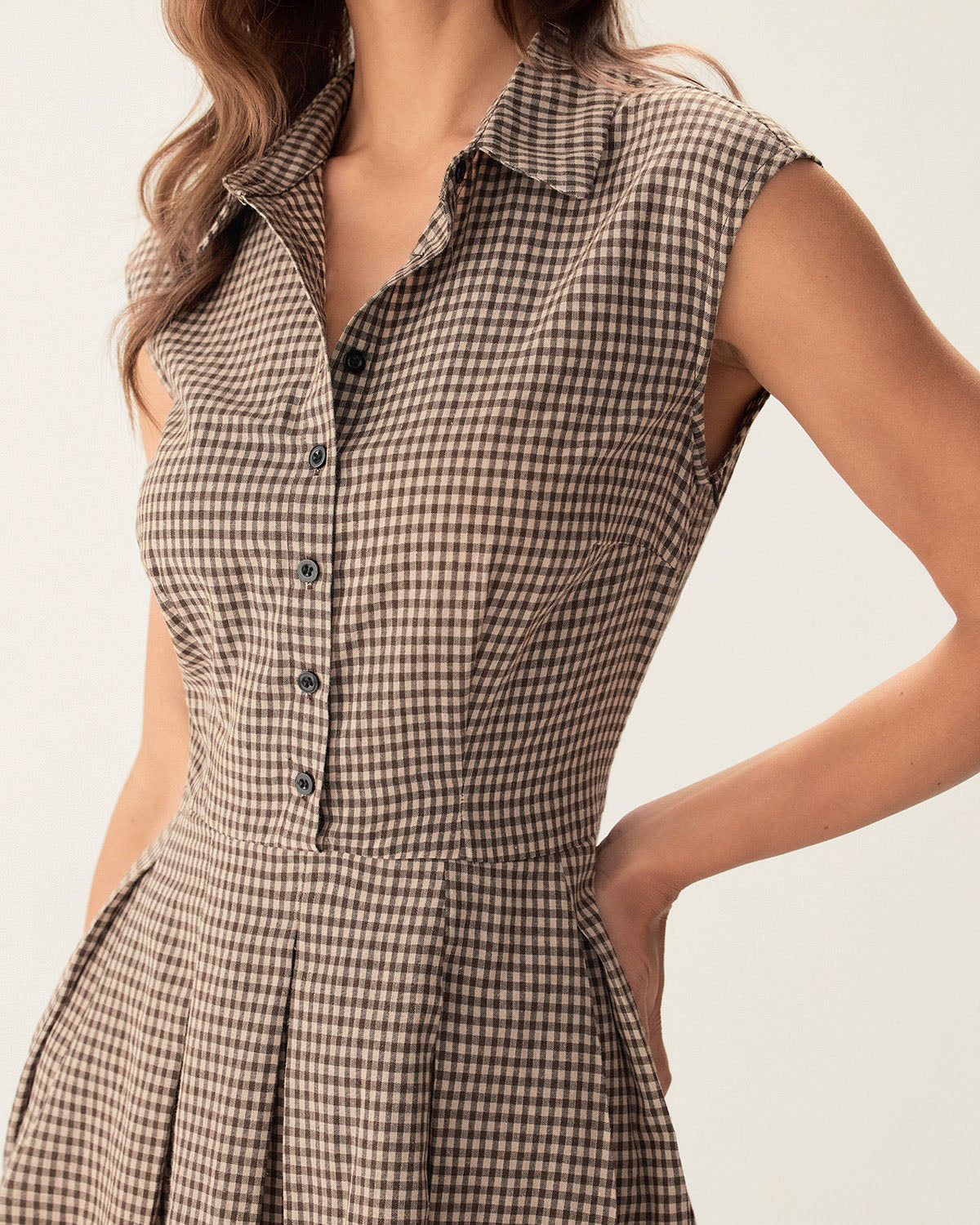 Brown Plaid Midi Dress with Button Details and Pleated Design