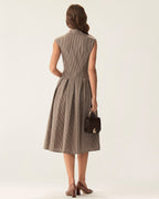 Brown Plaid Midi Dress with Button Details and Pleated Design