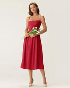 Red Midi Dress with Square Neck and Pocket Details
