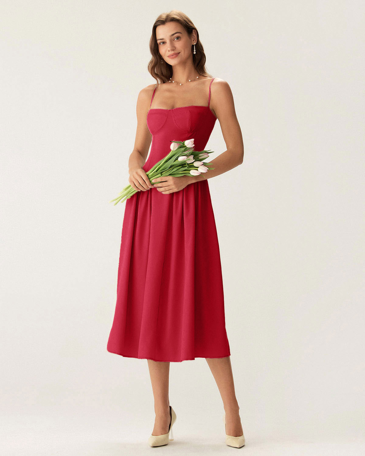 Red Midi Dress with Square Neck and Pocket Details