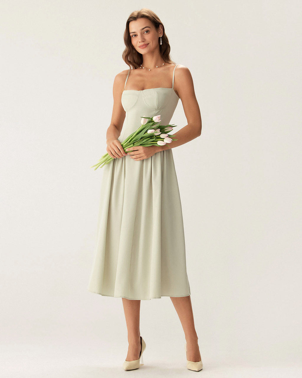 Green Square Neck Midi Dress with Pockets