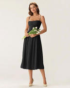 Black Midi Dress with Square Neck and Pocket Details
