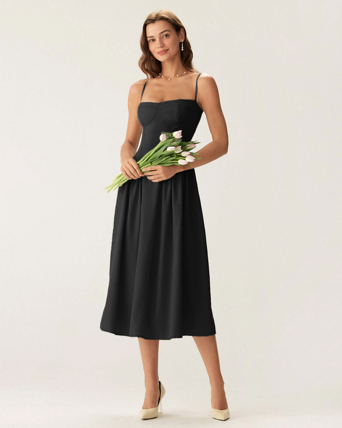 Black Midi Dress with Square Neck and Pocket Details