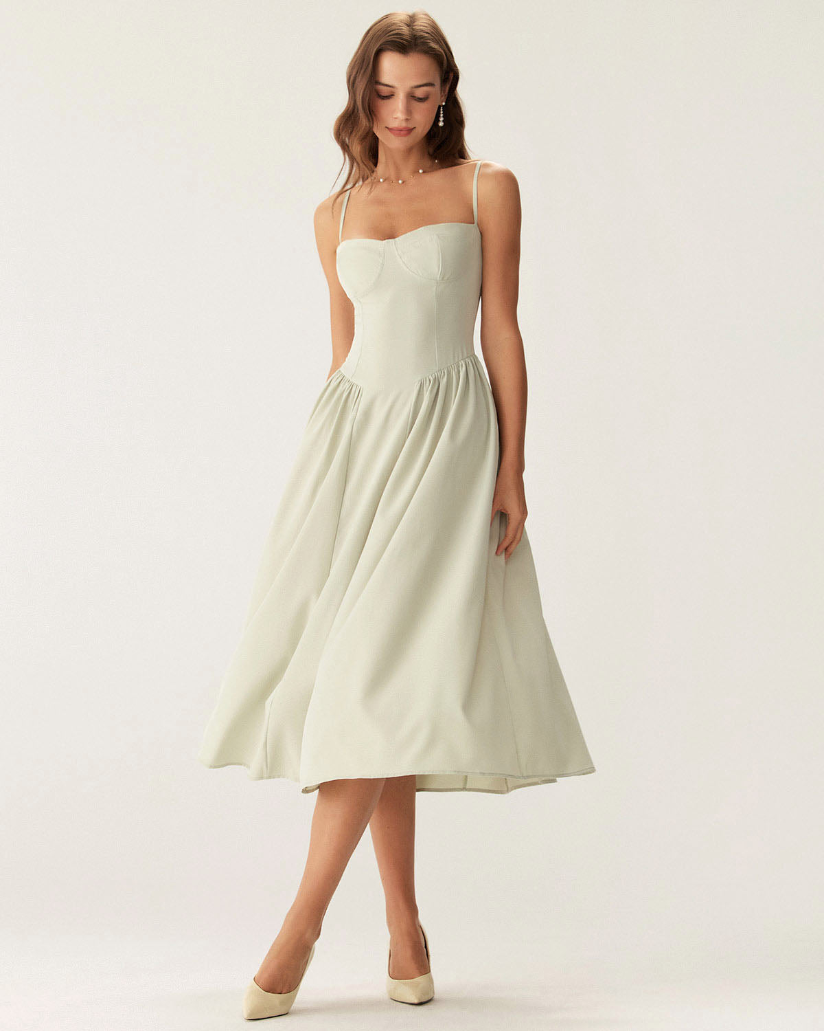 Green Square Neck Midi Dress with Pockets