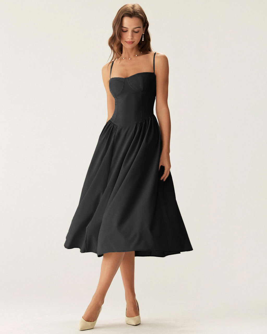 Black Midi Dress with Square Neck and Pocket Details