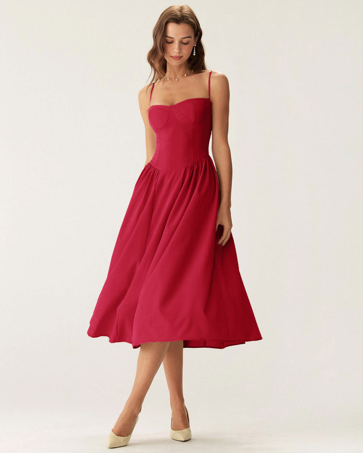 Red Midi Dress with Square Neck and Pocket Details