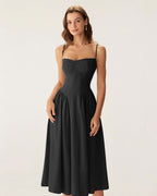 Black Midi Dress with Square Neck and Pocket Details