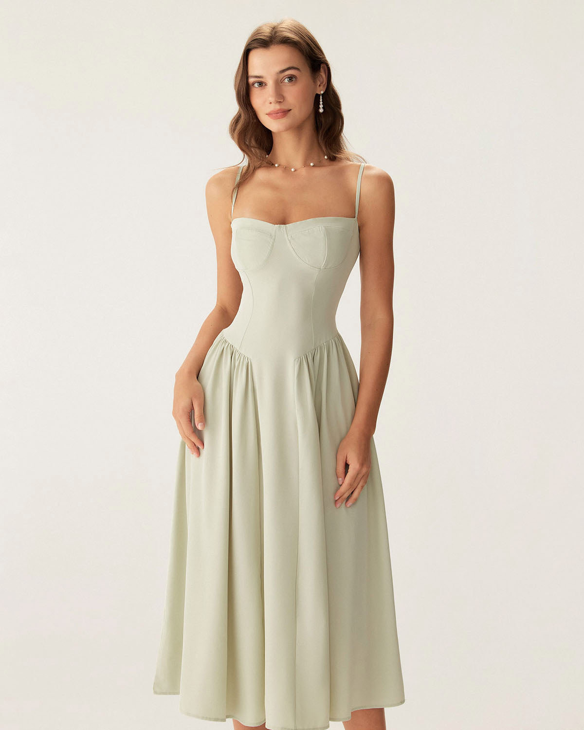 Green Square Neck Midi Dress with Pockets