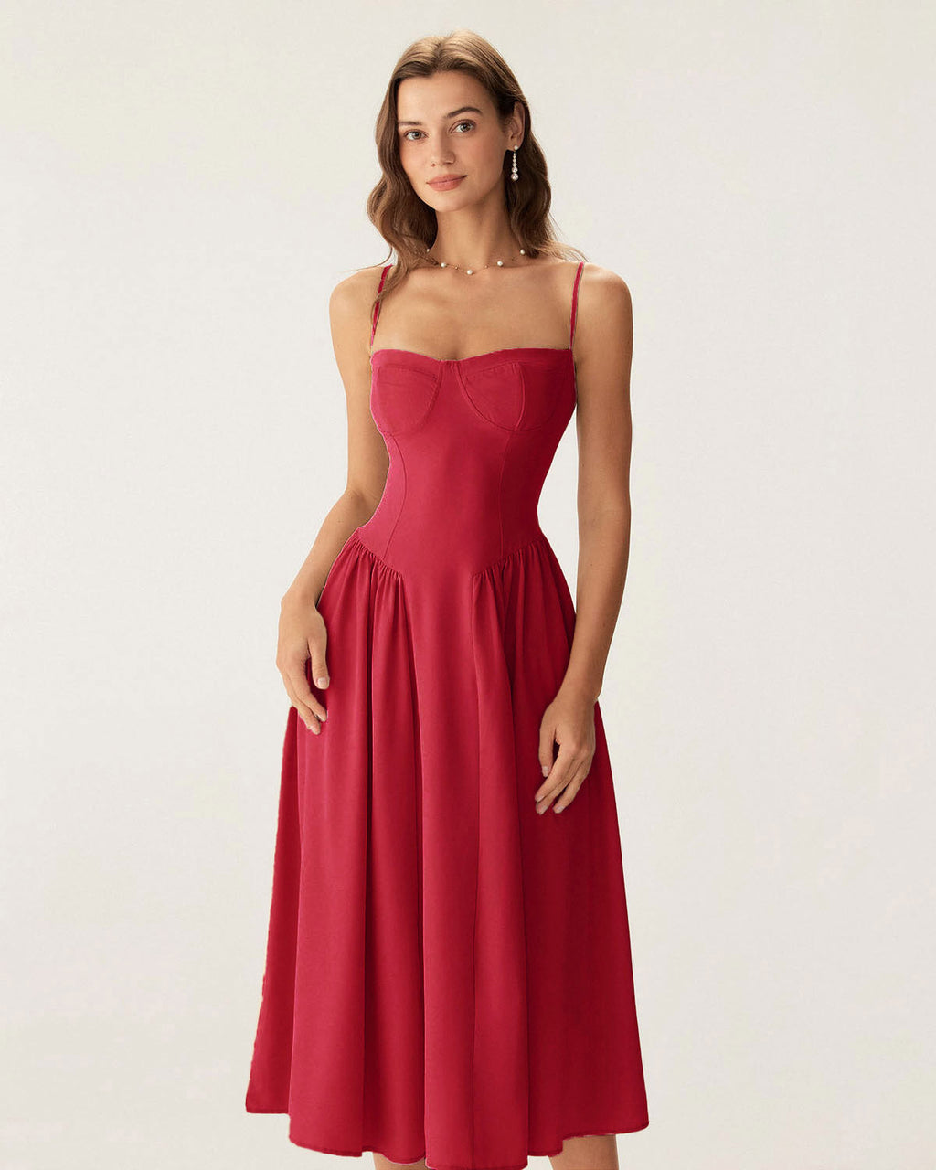 Red Midi Dress with Square Neck and Pocket Details