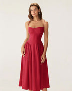 Red Midi Dress with Square Neck and Pocket Details