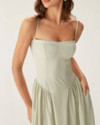 Green Square Neck Midi Dress with Pockets