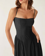 Black Midi Dress with Square Neck and Pocket Details