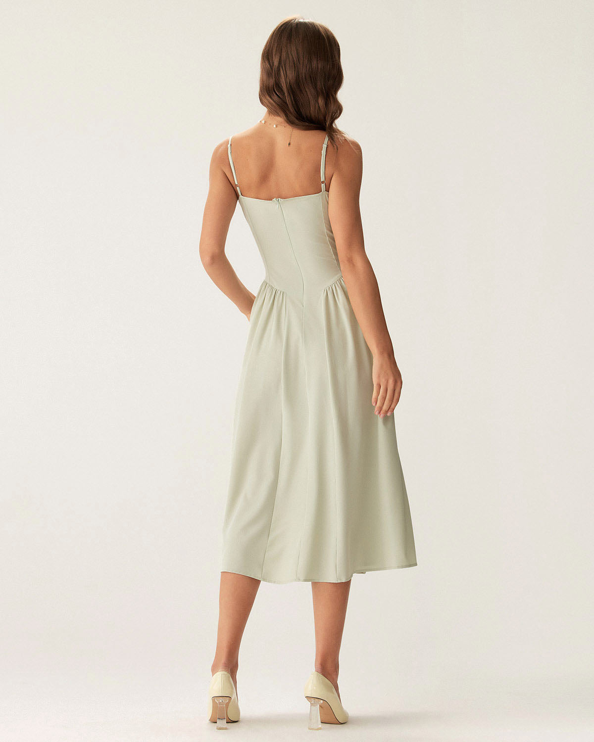 Green Square Neck Midi Dress with Pockets