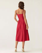 Red Midi Dress with Square Neck and Pocket Details