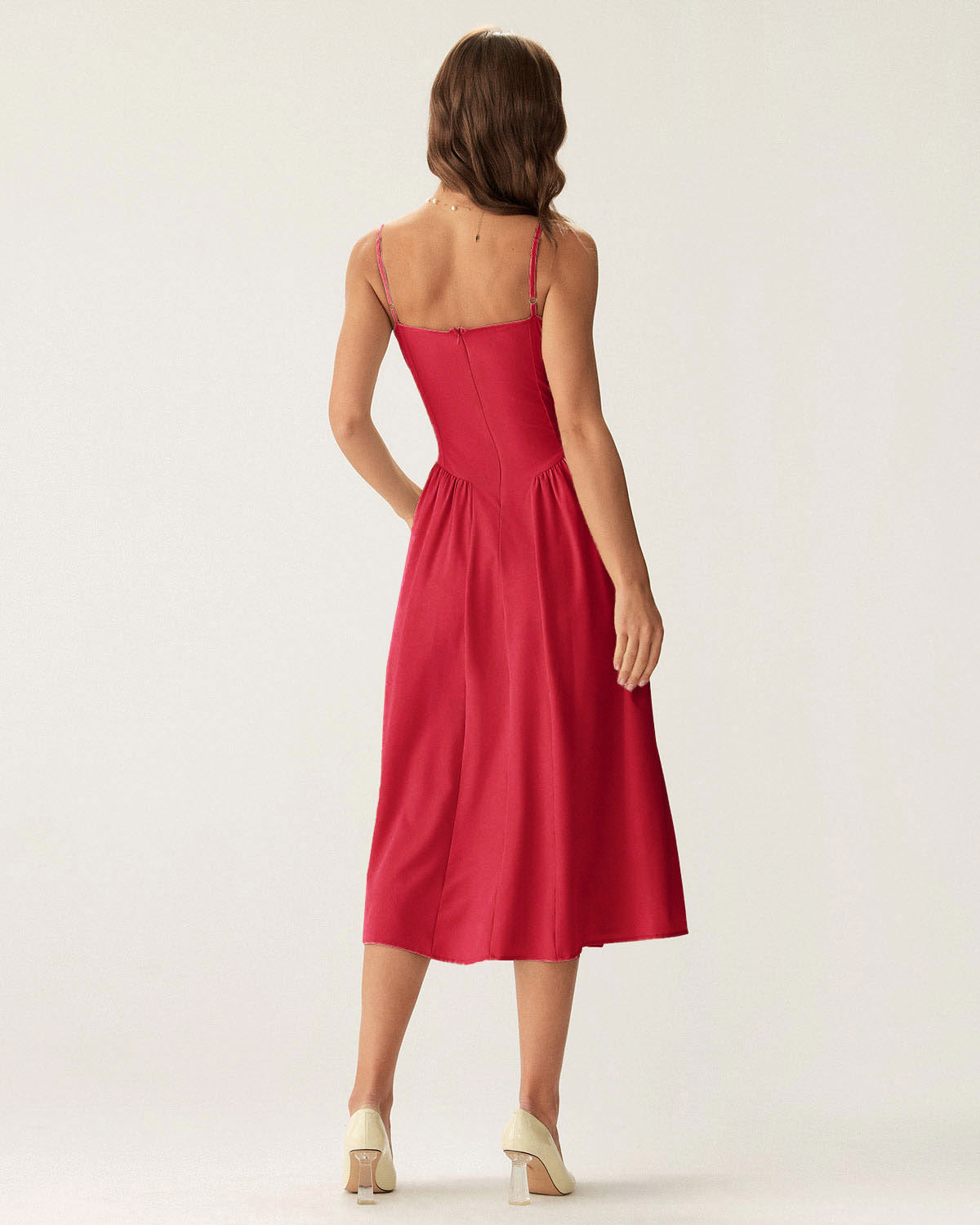 Red Midi Dress with Square Neck and Pocket Details
