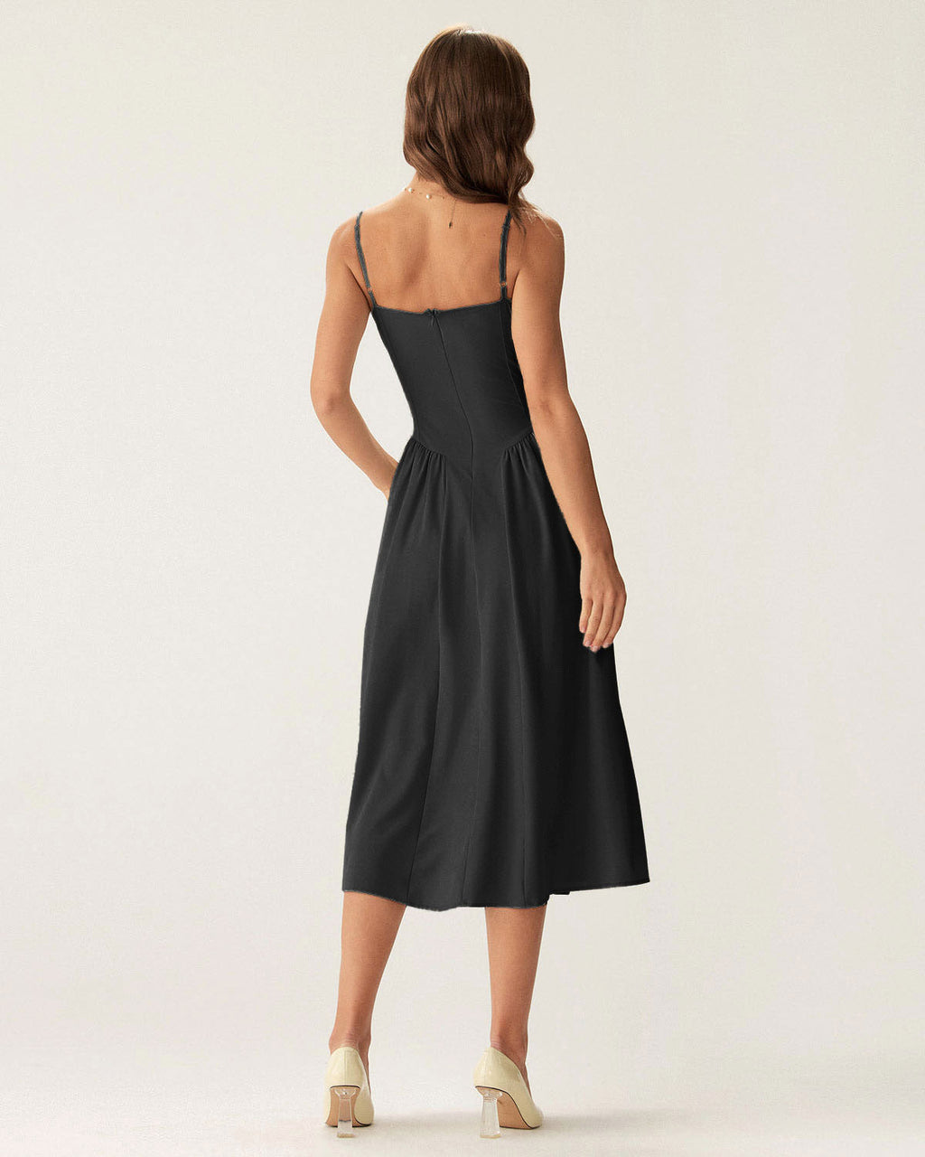 Black Midi Dress with Square Neck and Pocket Details