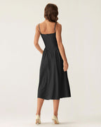 Black Midi Dress with Square Neck and Pocket Details