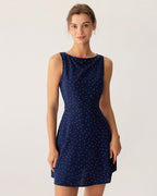 Cut-Out Mini Dress with Blue Polka Dots and Sleeveless Design