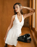 White V-Neck Pleated Backless Mini Dress
