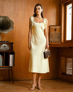 Yellow Satin Midi Dress with Square Neck and Ruffle Details