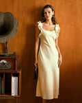 Yellow Satin Midi Dress with Square Neck and Ruffle Details