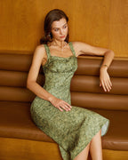 Floral Print Green Midi Dress with Square Neck