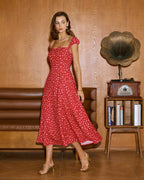 Red Floral Midi Dress with Sweetheart Neckline and Cap Sleeves