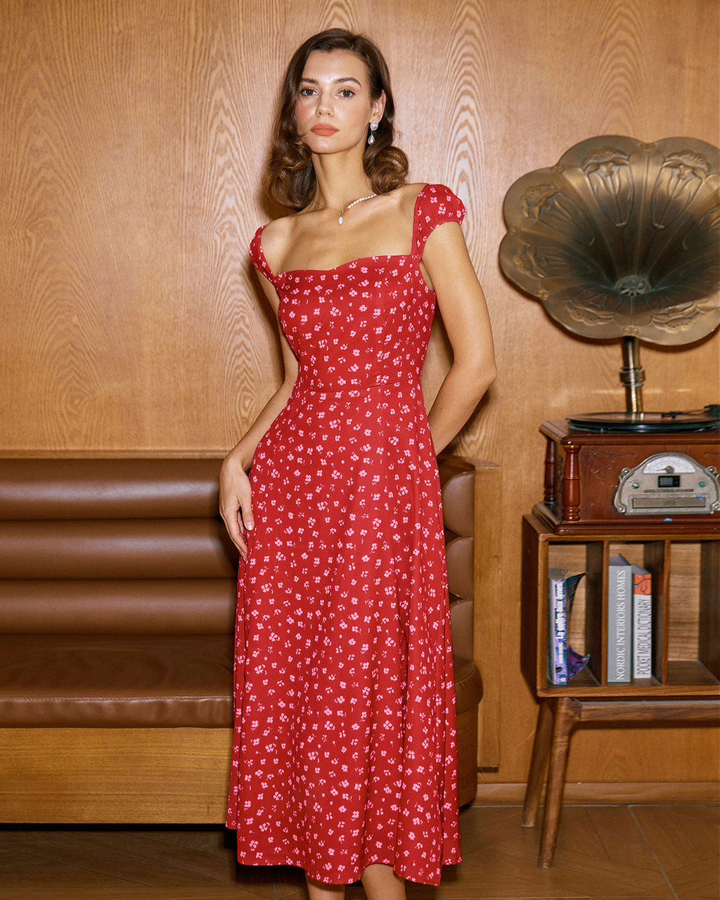 Red Floral Midi Dress with Sweetheart Neckline and Cap Sleeves