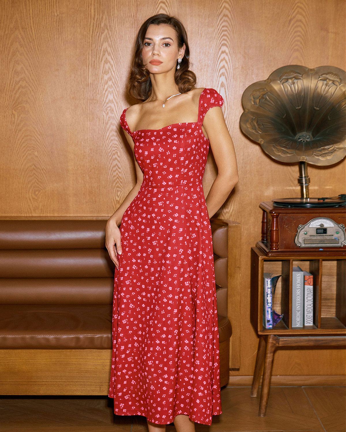 Red Floral Midi Dress with Sweetheart Neckline and Cap Sleeves