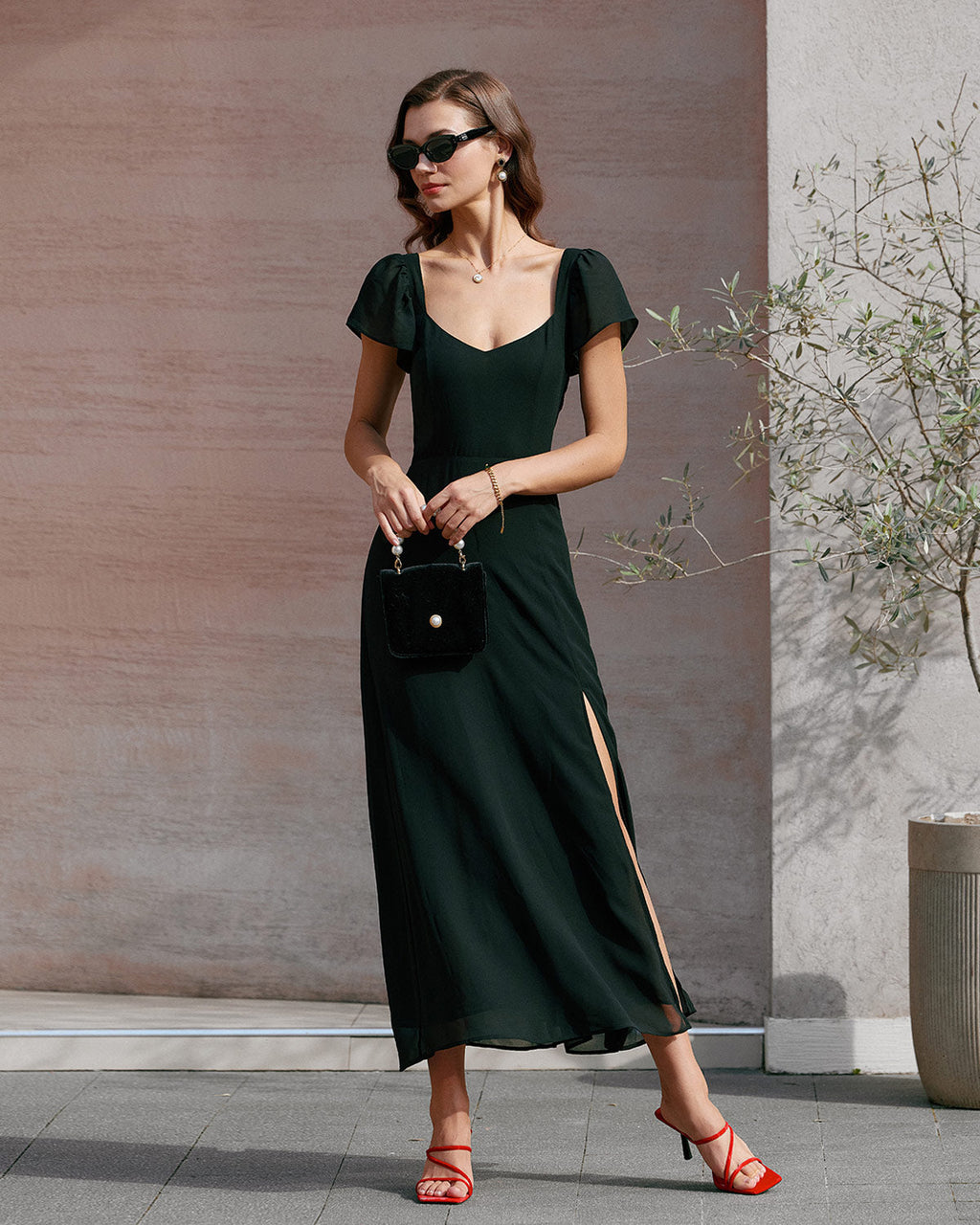 Chiffon Maxi Dress with Black Sweetheart Neckline