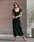 Chiffon Maxi Dress with Black Sweetheart Neckline
