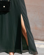 Chiffon Maxi Dress with Black Sweetheart Neckline