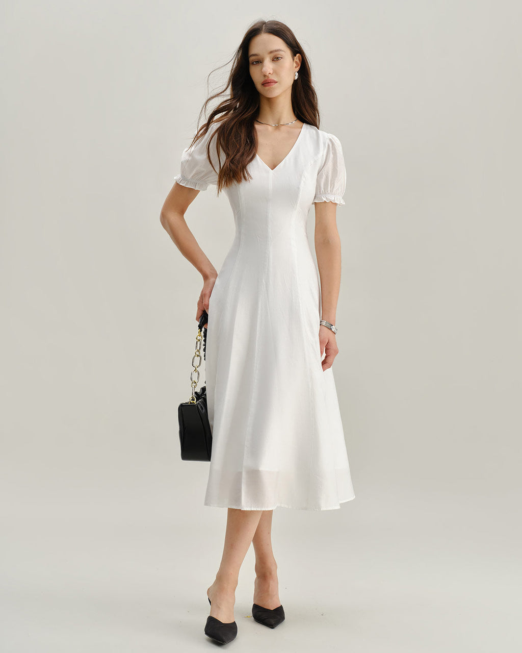 V-Neck Midi Dress with White Puffed Sleeves
