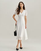 V-Neck Midi Dress with White Puffed Sleeves