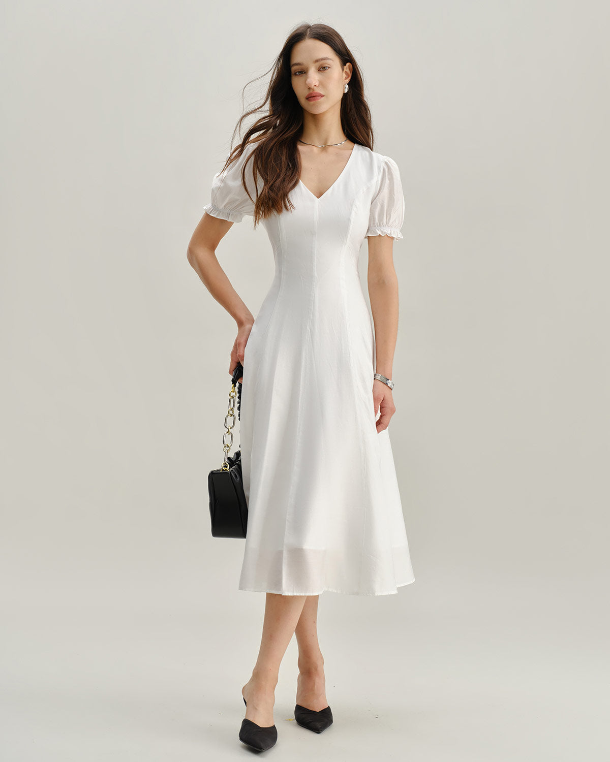 V-Neck Midi Dress with White Puffed Sleeves