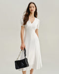 V-Neck Midi Dress with White Puffed Sleeves