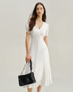 V-Neck Midi Dress with White Puffed Sleeves