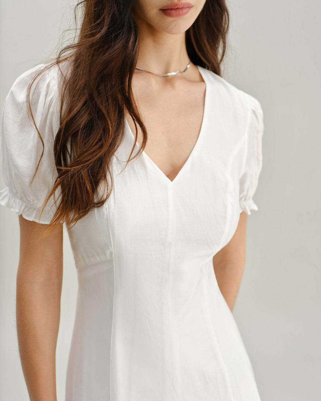 V-Neck Midi Dress with White Puffed Sleeves
