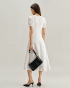 V-Neck Midi Dress with White Puffed Sleeves