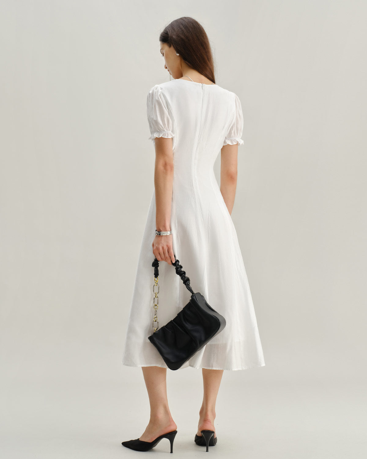 V-Neck Midi Dress with White Puffed Sleeves