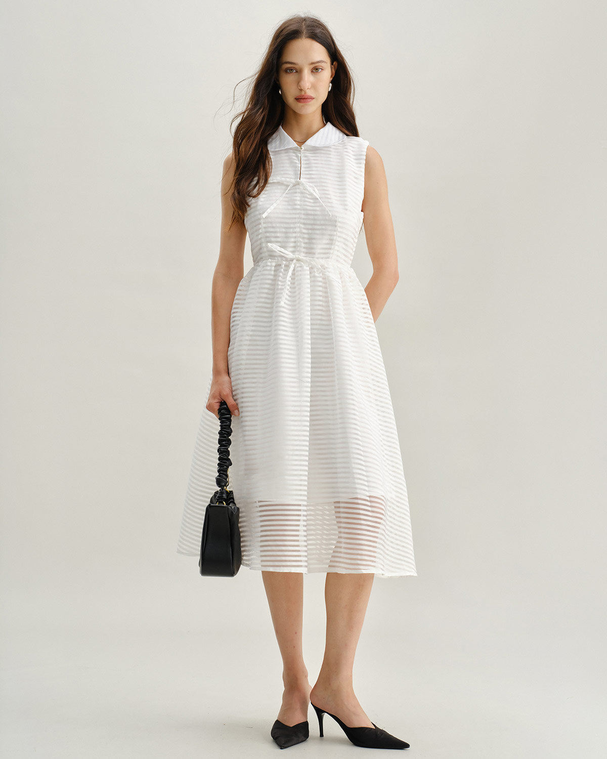 Striped White Sleeveless Midi Dress