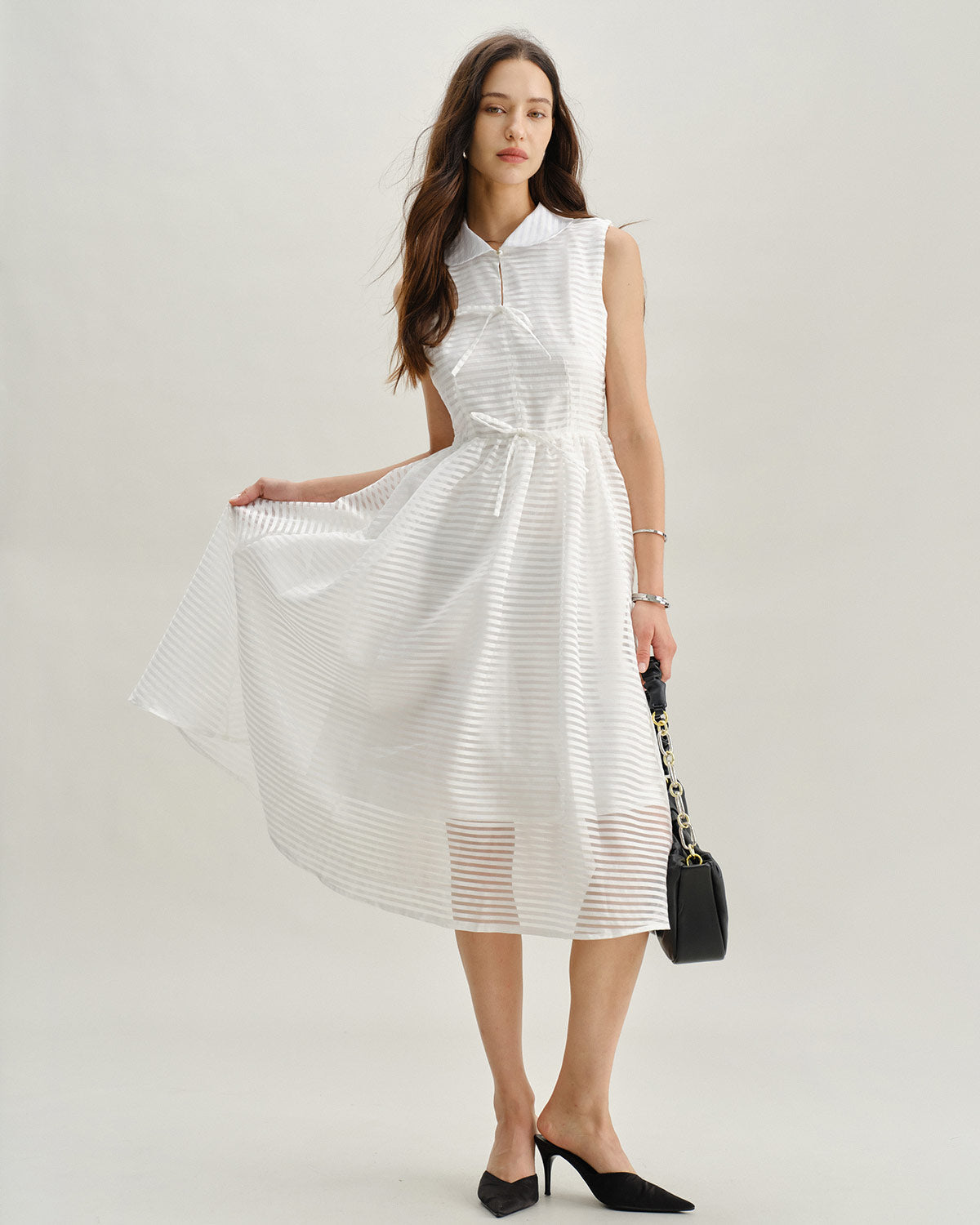 Striped White Sleeveless Midi Dress