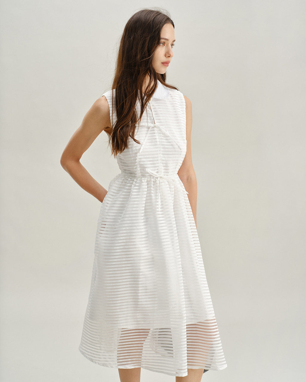 Striped White Sleeveless Midi Dress